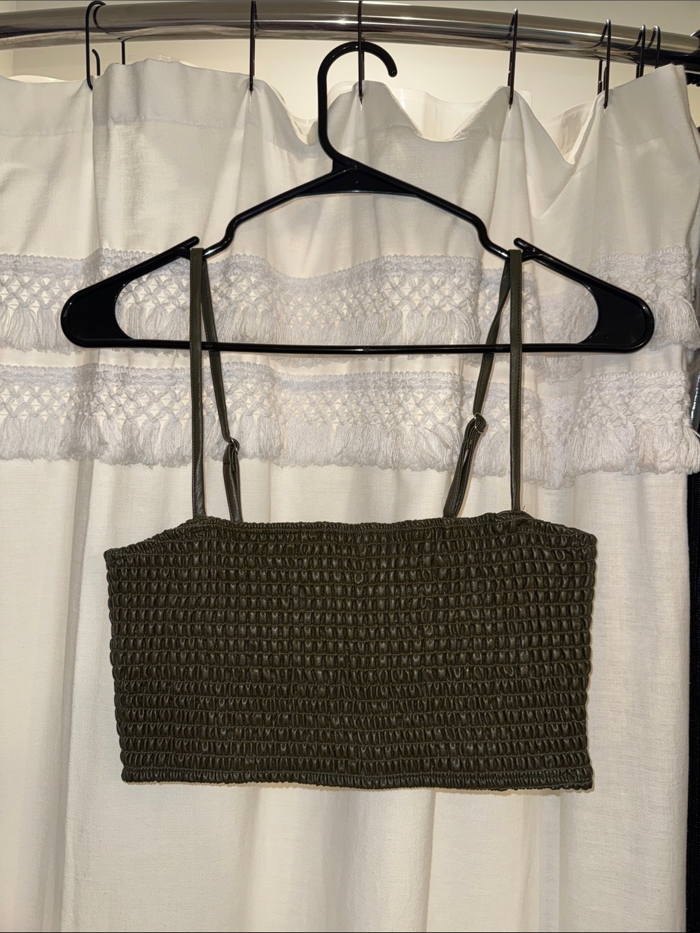 Olive Green Smocked Leather Cropped Bandeau Top